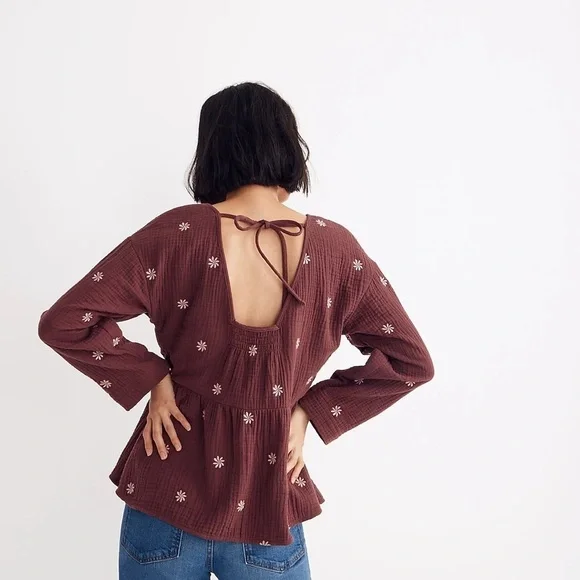 Madewell Embroidered Lightspun Peplum Open-Back Top size XS NWT $88 - Picture 8 of 9